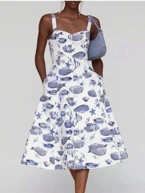 Avec Les Filles White Dress with Blue Seashell Print